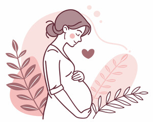 Pregnant Woman Holding Her Belly. Vector illustration of a pregnant woman gently holding her belly in a soft minimalist style with floral elements and heart symbol. Concept of motherhood.