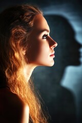 Fototapeta premium Profile of young caucasian female with dramatic lighting and shadow
