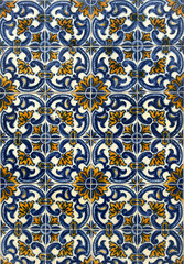 Detailed blue and yellow floral tile pattern design. Decorative abstract seamless patterned tiles. 