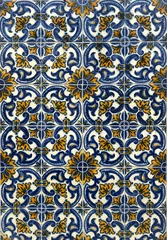Lichtdoorlatende gordijnen Detailed blue and yellow floral tile pattern design. Decorative abstract seamless patterned tiles.  © Daniel