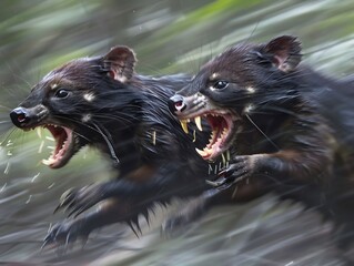 Tasmanian Devil caught fierce battle over food teeth bared primal display of dominance Claws swipe through air another devil lunge forward their raw aggression frozen split second of intensity motion