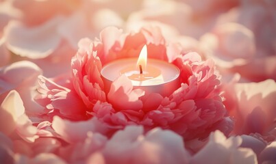 A small candle is lit in the center of a bed of pink flowers
