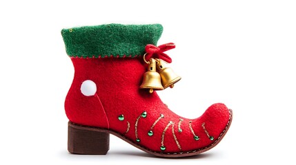 A whimsical red and green elf shoe with bells, perfect for festive decorations.