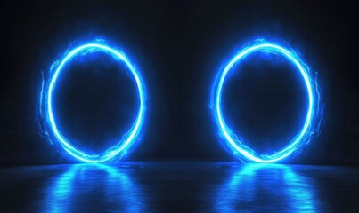 Two blue glowing circles are shown in a dark room