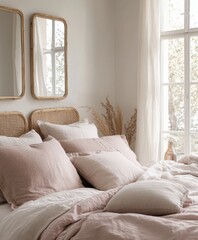 Cozy, light-filled bedroom with soft blush tones