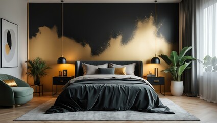 Aesthetic gradient black to gold themed bedroom interior concept