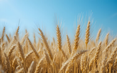 Fototapeta premium wheat, field, agriculture, crop, cereal, grain, nature, ear, plant, farm, sky, summer, harvest, food, corn, rural, yellow, ripe, blue, golden, farming, bread, rye, seed, barley