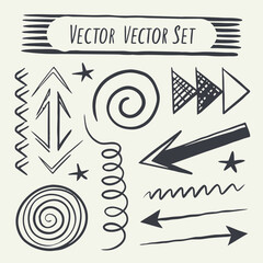 Doodle abstract shape background texture brush color set. Hand drawn sketch crayon scribble brush geometric shape color chalk effect background. Abstract arrow, circle, zigzag vector illustration