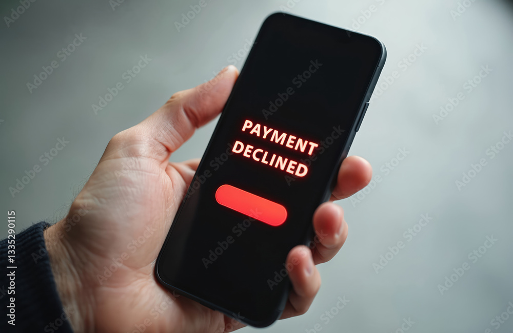 Aufkleber Close up of hand holding smartphone with payment declined message on screen. Banking app transaction error. Red notification alert on mobile phone device indicates security risk fail. Unsuccessful