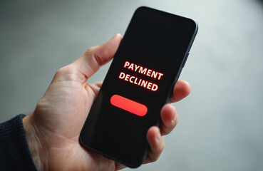 Close up of hand holding smartphone with payment declined message on screen. Banking app transaction error. Red notification alert on mobile phone device indicates security risk fail. Unsuccessful