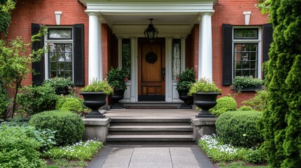Elegant brick home facade with landscaped entrance and decorative front door design