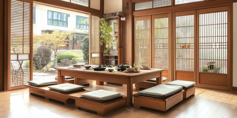 A Japanese style room with a table and open doors