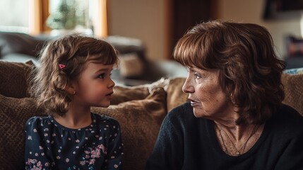 Fototapeta premium A young girl converses with her grandmother on a sofa