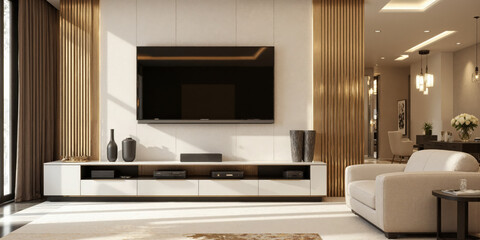 Glamorous Art Deco Living A luxurious living room inspired by art deco design, with a wall-mounted TV above a sleek