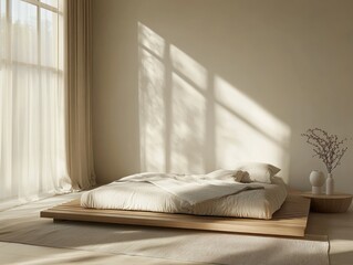 A modern bedroom interior features a minimalist platform bed frame