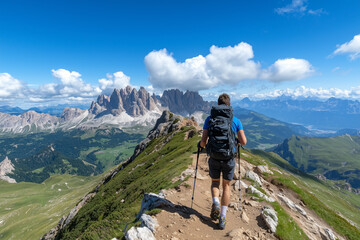 Fototapeta premium Hiker walking along a mountain ridge with scenic view of Dolomites.