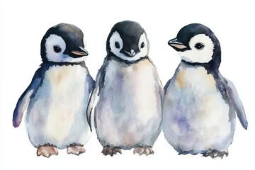 Fototapeta premium Adorable Watercolor Painting Three Baby Penguins Cute Wildlife Antarctic Animals Watercolor Illustration Penguin Chicks Watercolor Art Wildlife 