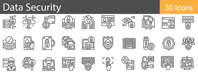 Data Security Line Icons Set. Collection of 30 outline icons representing data protection, cybersecurity, and privacy-related elements. Editable stroke vector illustration.