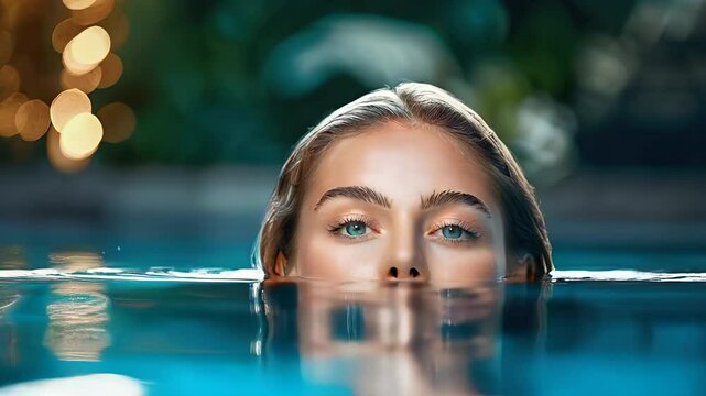 A beautiful young blonde lady emerging from an infinity pool in a 5-star resort; beautiful and elegant; cinematic wide angle view; young women coming out of the pool in an exotic resort; tropical sun