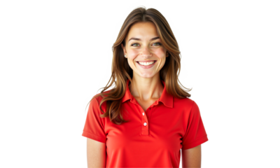 Smiling woman portrait in red polo shirt, isolated on transparent background. Cheerful, approachable for business, ads, profile pics, web banners, social media.