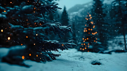 A close-up of an evergreen tree's delicate green branches and sparkling lights, evoking a joyous mood for Christmas or other noteworthy occasions