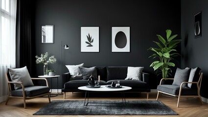 Aesthetic gradient black to black themed living room interior concept