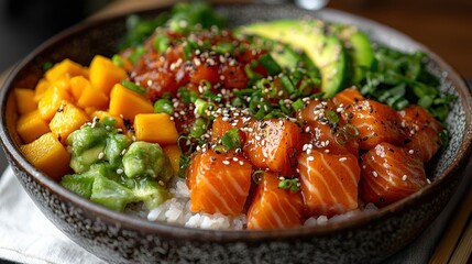 Salmon poke bowl with mango, avocado, and rice