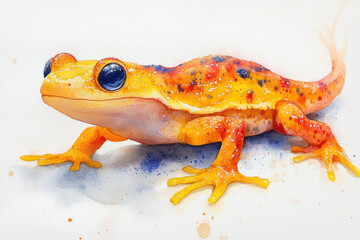 A colorful watercolor illustration of a bright newt or salamander.  
