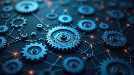  An abstract close-up image of interconnected gears and lines, suggesting a complex mechanical or technological system