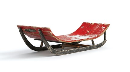 A vintage red sled with a weathered finish, designed for winter fun and snow activities.