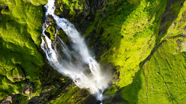Aerial view of unnamed waterfalls Waterfalls caused by melting ice, along the Ring Road in the southern of Iceland.