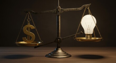 A vintage balance scale with a dollar sign on one side and a lit light bulb on the other, symbolizing the comparison of financial value and innovative ideas
