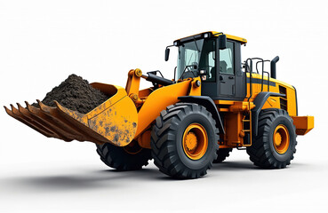 Yellow heavy front loader with dirty bucket full of soil on isolated white background. Construction machinery equipment transports bulk materials. Multifunctional excavator with hydraulic system.