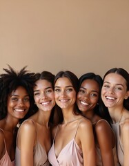 Fototapeta premium Portrait of cheerful multiethnic women group. Healthy skin, broad smiles. Diverse girls stand together, friendship. Positive multiracial female models of different race, skin tone on portrait, unity