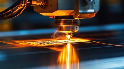 Obraz premium Laser Cutter Engraving Barcode on Sheet Metal Surface with Precision and Industrial Technology