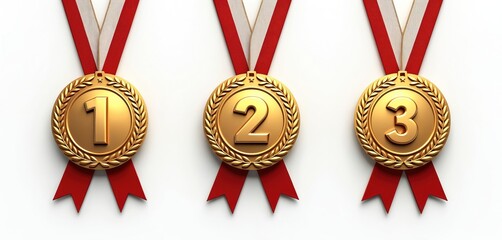 Set of winner golden medals for first, second, third place in competition. Game champion prize award with red ribbons. Realistic collection for design, sport achievements, business success, top