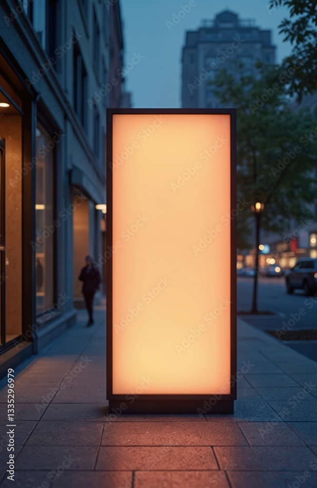 Poster rectangular shop sign mockup illuminated at dusk on street sidewalk. blank storefront billboard temp