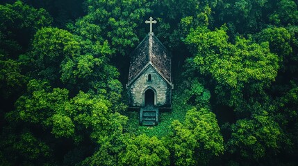 Secluded stone chapel nestled in lush green forest