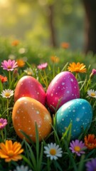 Colorful collection of Easter eggs nestled in lush green grass, surrounded by delicate daisies, vibrant flowers, capturing joyful essence of spring, holiday celebrations. Perfect for greeting cards.