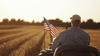 Farmer Celebrating Independence Day on Tractor in Field