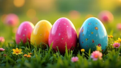 Brightly colored Easter eggs arranged on grassy meadow, highlighted by beautiful blooming flowers, radiating warmth and cheerfulness. Ideal for festive designs, seasonal decorations.