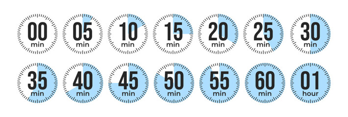 Minute Timer, clock, stopwatch, Countdown timer, cooking time icon set. 0, 5, 10, 15, 20, 25, 30, 35, 40, 45, 50, 55, 60 min and 1 hour Timer, clock, stopwatch isolated set icons, symbols, label.
