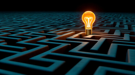 In the middle of a vast, green labyrinth, a glowing lightbulb represents a concept or resolution to a challenging issue.