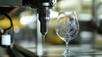 Laser engraving process on a crystal wine glass showcasing intricate design with precision machinery in a workshop setting