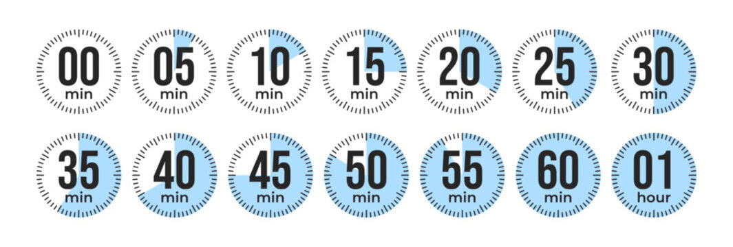 Minute Timer, clock, stopwatch, Countdown timer, cooking time icon set. 0, 5, 10, 15, 20, 25, 30, 35, 40, 45, 50, 55, 60 min and 1 hour Timer, clock, stopwatch isolated set icons, symbols, label.