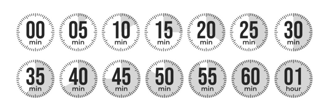 Minute Timer, clock, stopwatch, Countdown timer, cooking time icon set. 0, 5, 10, 15, 20, 25, 30, 35, 40, 45, 50, 55, 60 min and 1 hour Timer, clock, stopwatch isolated set icons, symbols, label.