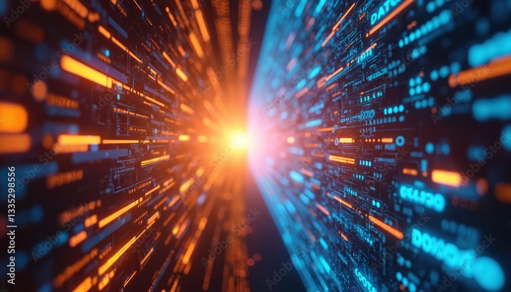 Fototapete Abstract image with fiber-optic, wireless tech shows data transfer. Digital binary stream moves fast between orange, blue walls. Innovative connection, cyberspace communication, datacenter data