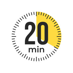 20 or twenty minute Timer, clock, stopwatch isolated icons. Countdown timer symbol. Label cooking time. Minute timer, Time measure, Chronometer, Alarm, Kitchen timer, label, sticker, stamp.  Vector