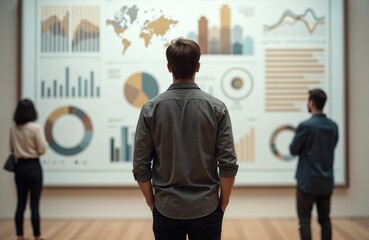 Man views data visualization art graphs charts in gallery museum. People look artwork exhibition. Modern interior aesthetic culture creative graphic info analysis stats trend tech future innovation