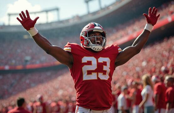 American football player scores touchdown on stadium. Athlete celebrates, raises arms. Red uniform, equipment, helmet. Crowd cheers on background. Victory. Success. Championship, game, event, match.